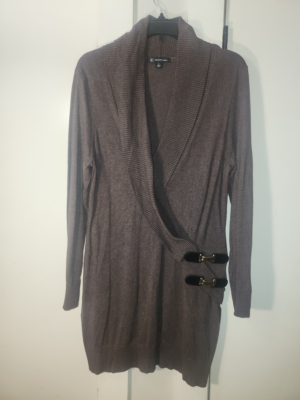 INC International Concepts Chocolate Brown Longline Cardigan with Buckle Accents